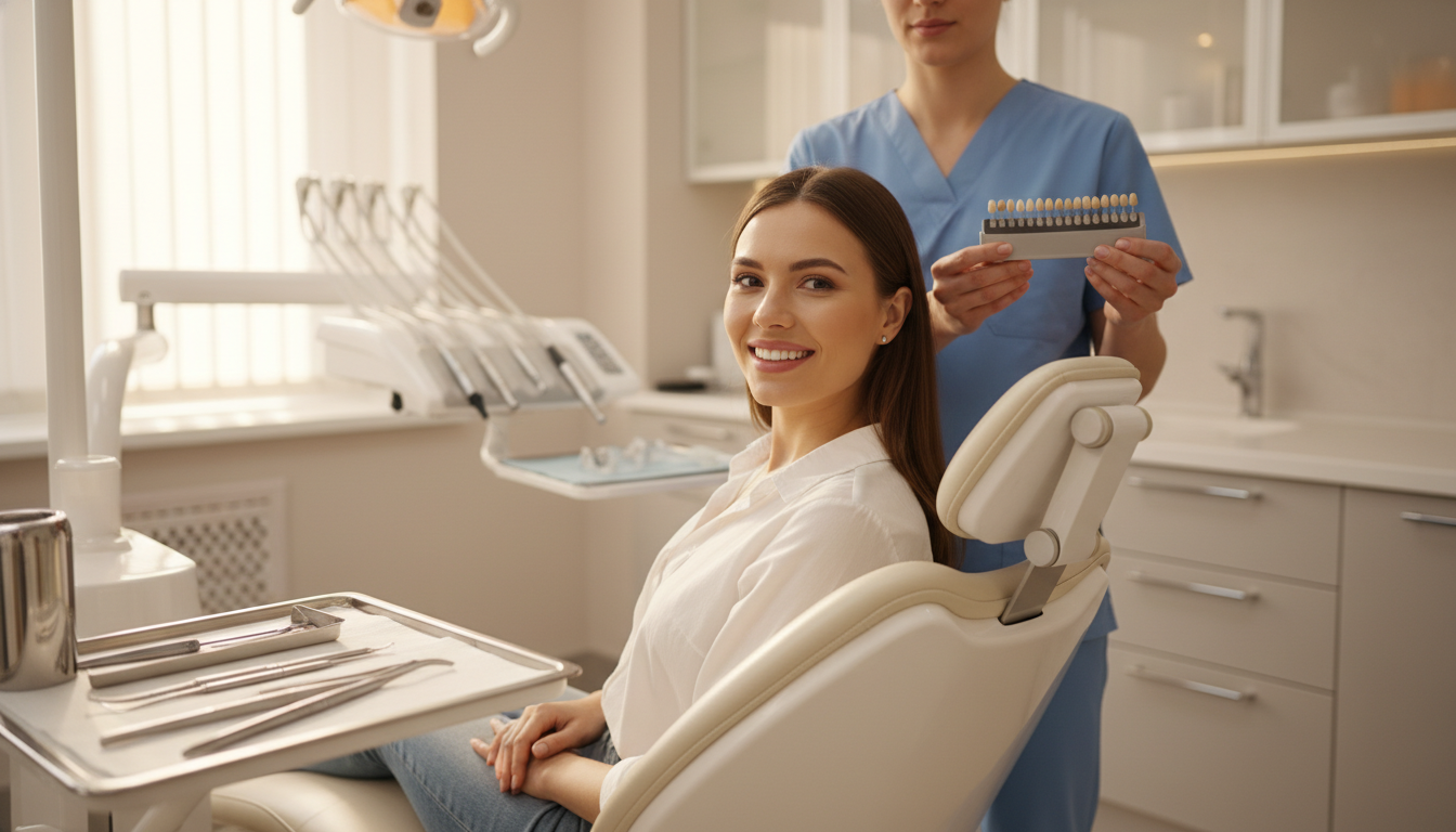 Smiling woman in a modern dental office receiving professional teeth whitening consultation with dentist showing whitening shade guides