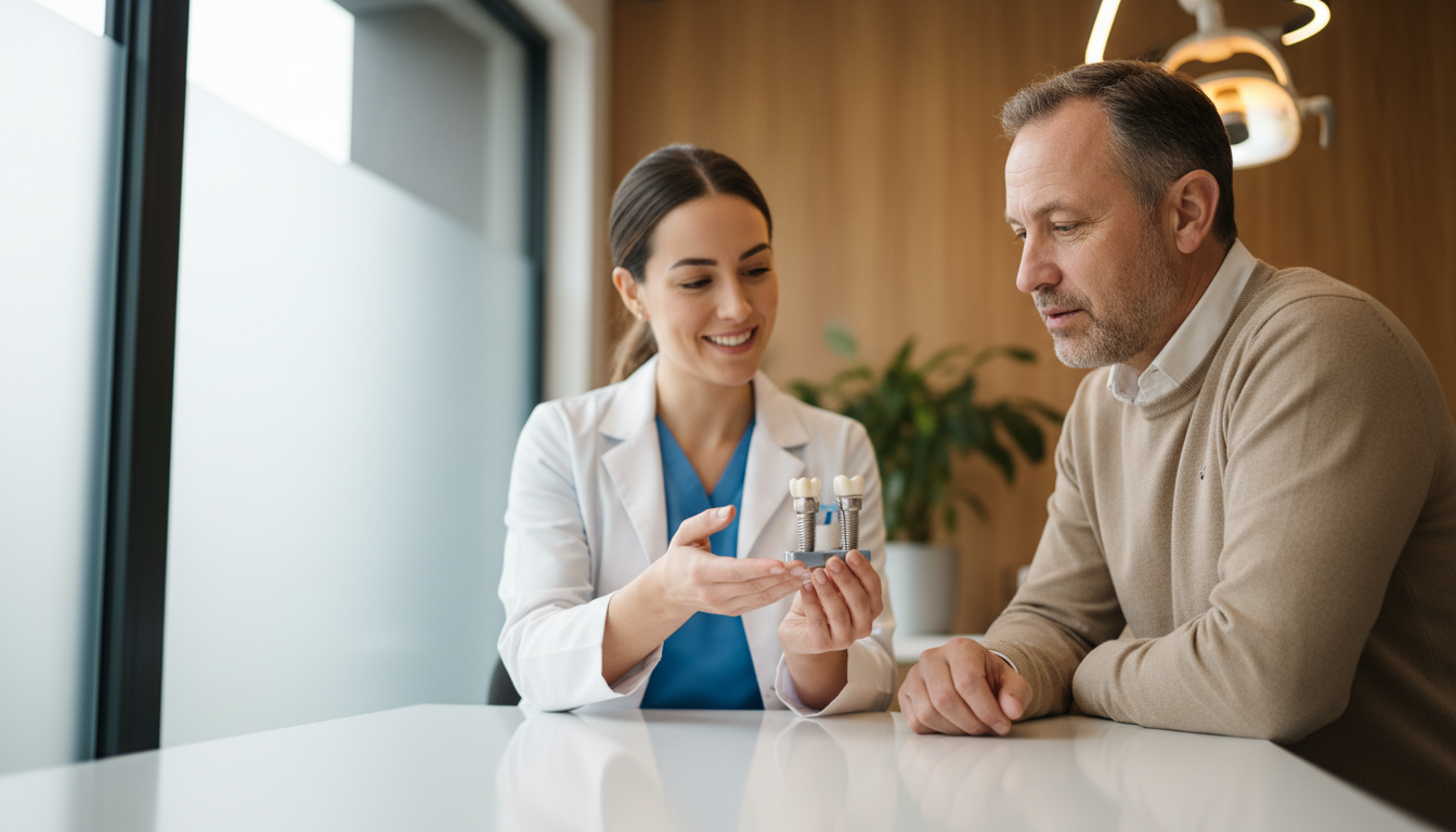 Dental professional explaining a dental implant model to a patient in a modern clinic consultation room