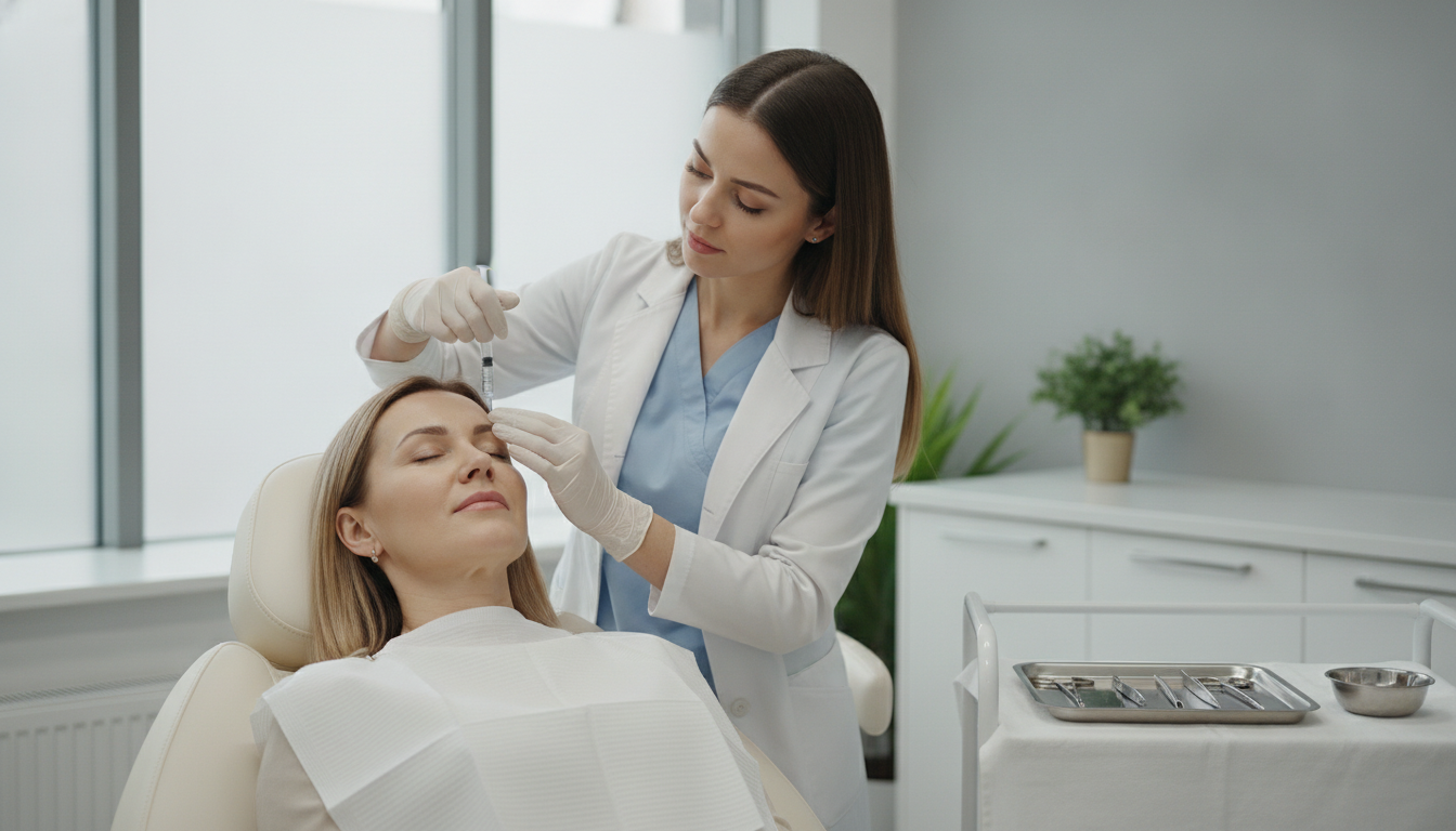 Dental practitioner performing professional anti wrinkle treatment on patient in modern clinic setting with natural lighting