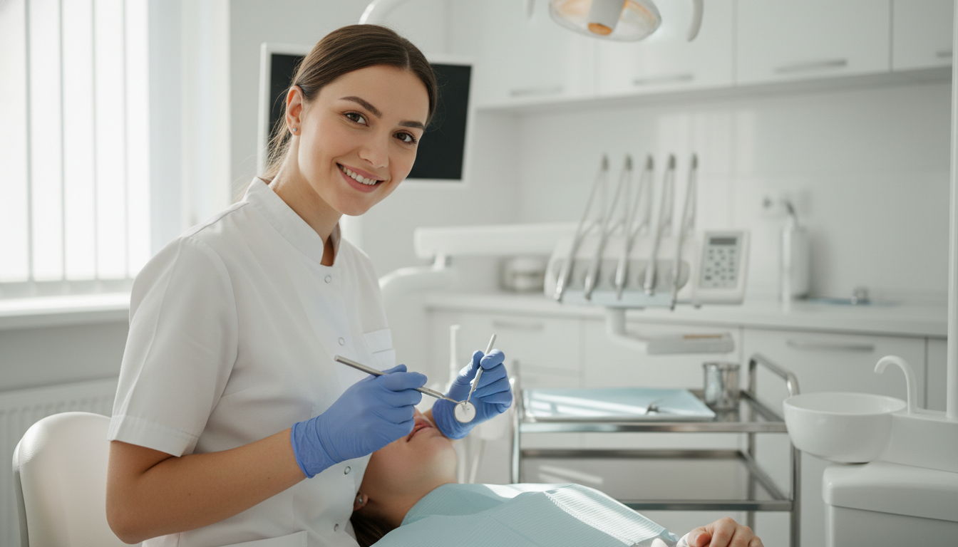 Professional dental hygienist examining a patient in a bright modern dental clinic, demonstrating expert oral health care