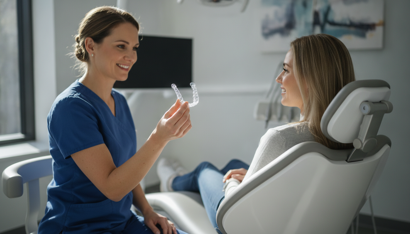 Orthodontist showing clear Invisalign aligners to patient during consultation in modern dental office